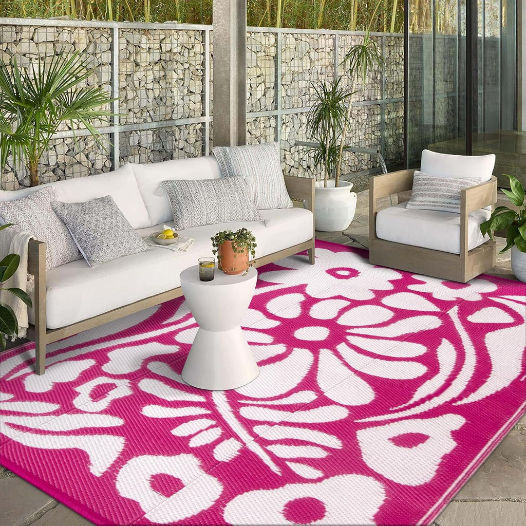Outdoor Rugs 8x10,Plastic Outdoor Waterproof Patio Rugs Clearance,Reversible Large Outside RV Camping Mat,Portable Abstract Plant Lightweight Carpet for Backyard Deck Park (Pink, 8'x10')
