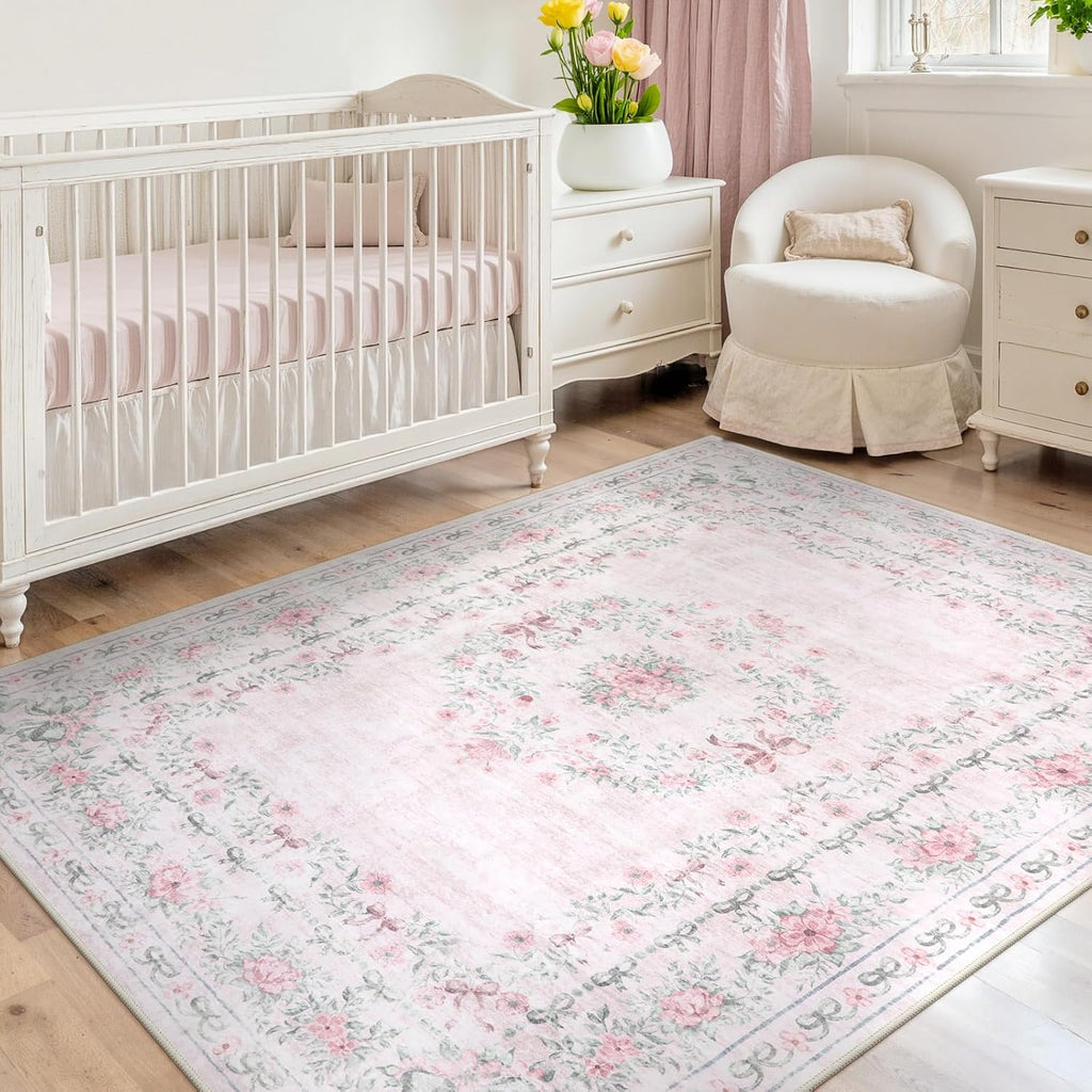 Floral Bow Pink Rug for Bedroom, Washable 5x7 Area Rug for Girls Nursery, Ultra-Thin Non Slip Soft Boho Carpet for Kids Room Dorm Living Room, Light Pink