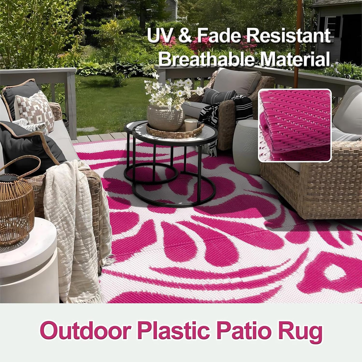 Outdoor Rugs 8x10,Plastic Outdoor Waterproof Patio Rugs Clearance,Reversible Large Outside RV Camping Mat,Portable Abstract Plant Lightweight Carpet for Backyard Deck Park (Pink, 8'x10')