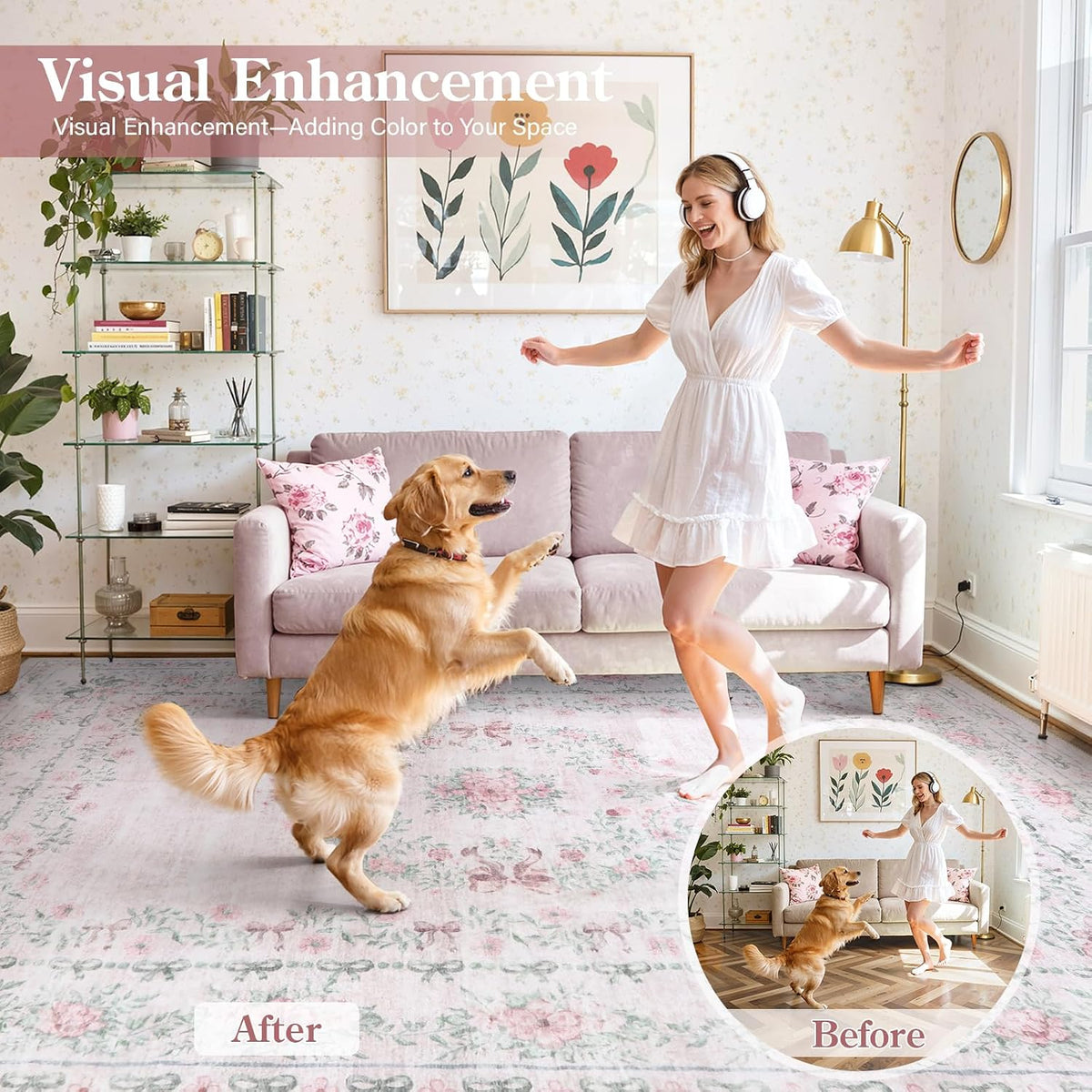 Floral Bow Pink Rug for Bedroom, Washable 5x7 Area Rug for Girls Nursery, Ultra-Thin Non Slip Soft Boho Carpet for Kids Room Dorm Living Room, Light Pink
