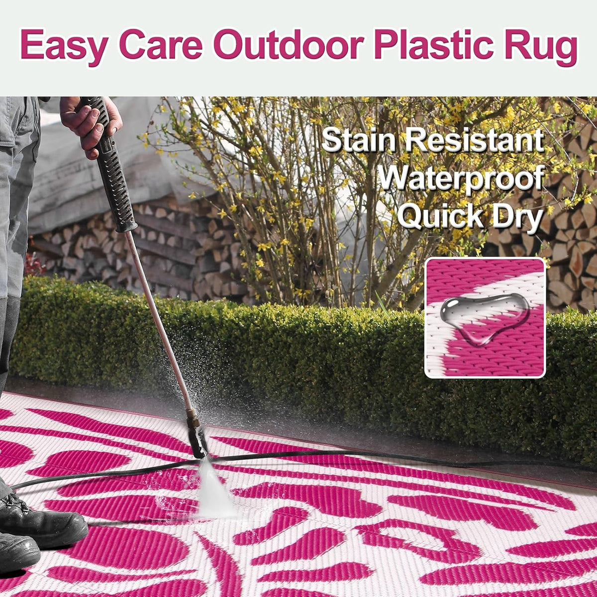Outdoor Rugs 8x10,Plastic Outdoor Waterproof Patio Rugs Clearance,Reversible Large Outside RV Camping Mat,Portable Abstract Plant Lightweight Carpet for Backyard Deck Park (Pink, 8'x10')
