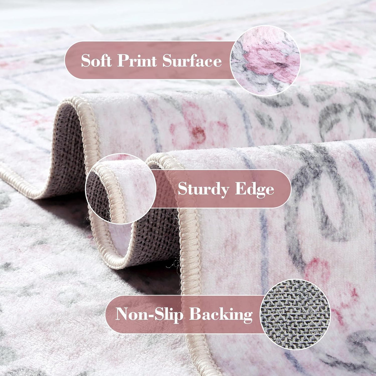 Floral Bow Pink Rug for Bedroom, Washable 5x7 Area Rug for Girls Nursery, Ultra-Thin Non Slip Soft Boho Carpet for Kids Room Dorm Living Room, Light Pink