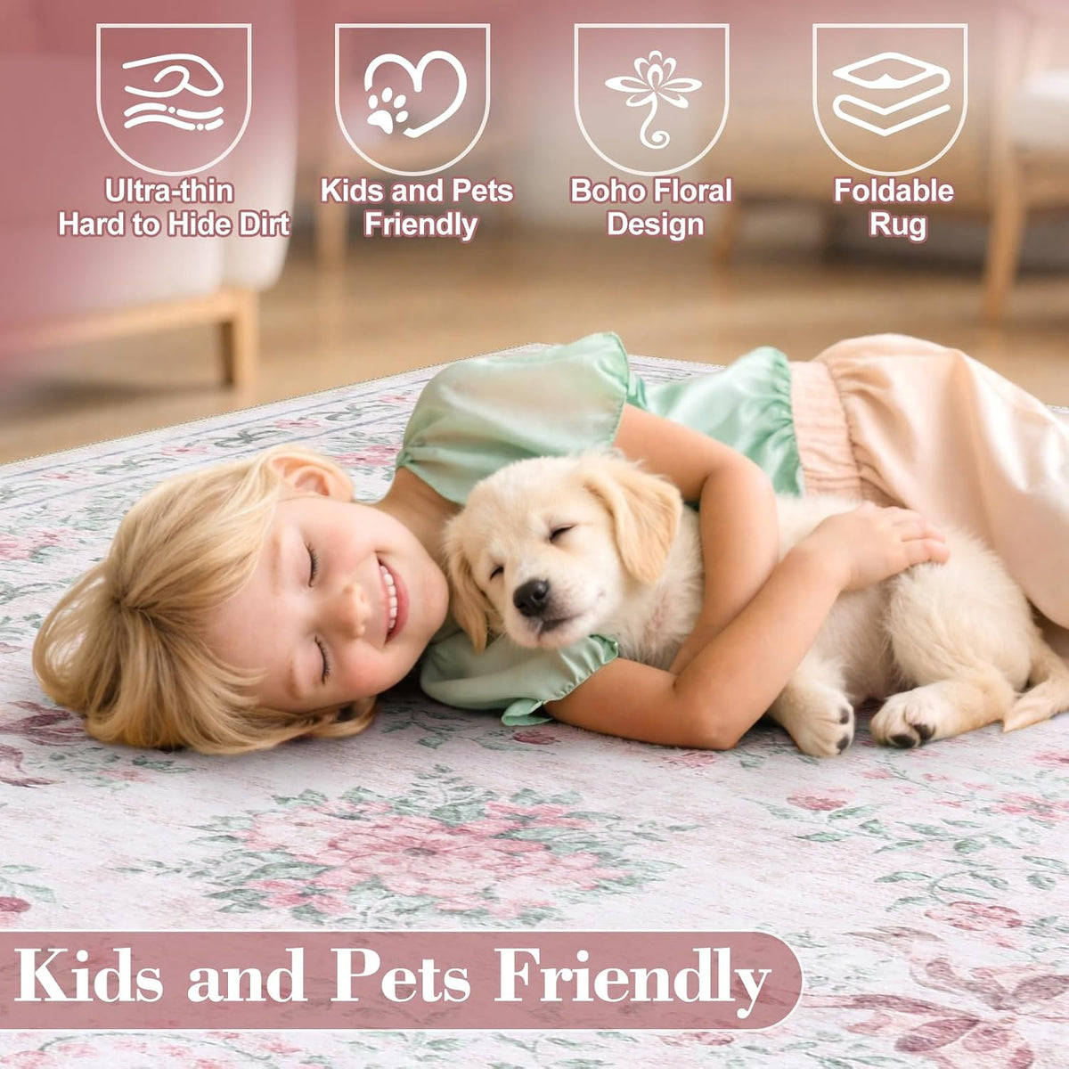 Floral Bow Pink Rug for Bedroom, Washable 5x7 Area Rug for Girls Nursery, Ultra-Thin Non Slip Soft Boho Carpet for Kids Room Dorm Living Room, Light Pink