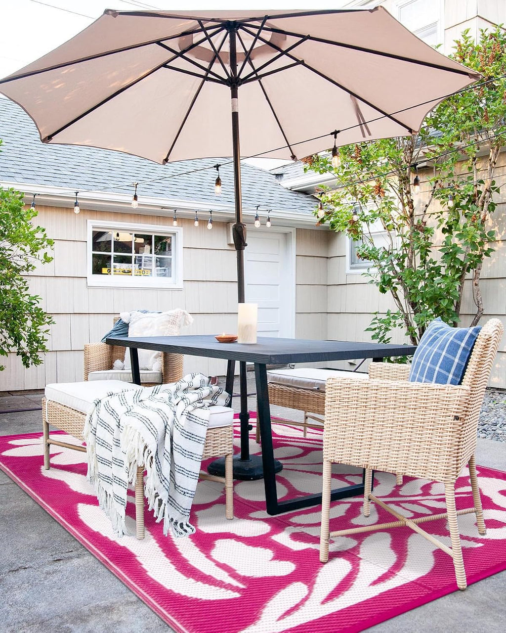 Outdoor Rugs 8x10,Plastic Outdoor Waterproof Patio Rugs Clearance,Reversible Large Outside RV Camping Mat,Portable Abstract Plant Lightweight Carpet for Backyard Deck Park (Pink, 8'x10')