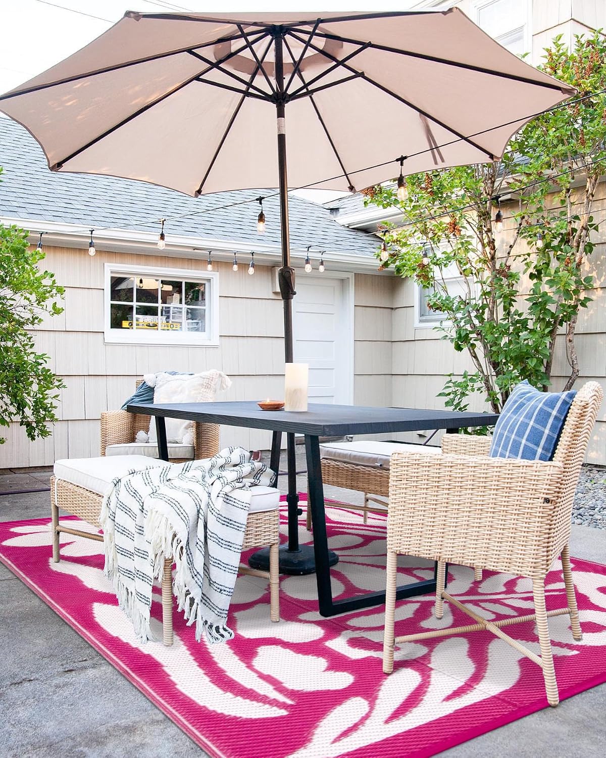 Outdoor Rugs 8x10,Plastic Outdoor Waterproof Patio Rugs Clearance,Reversible Large Outside RV Camping Mat,Portable Abstract Plant Lightweight Carpet for Backyard Deck Park (Pink, 8'x10')
