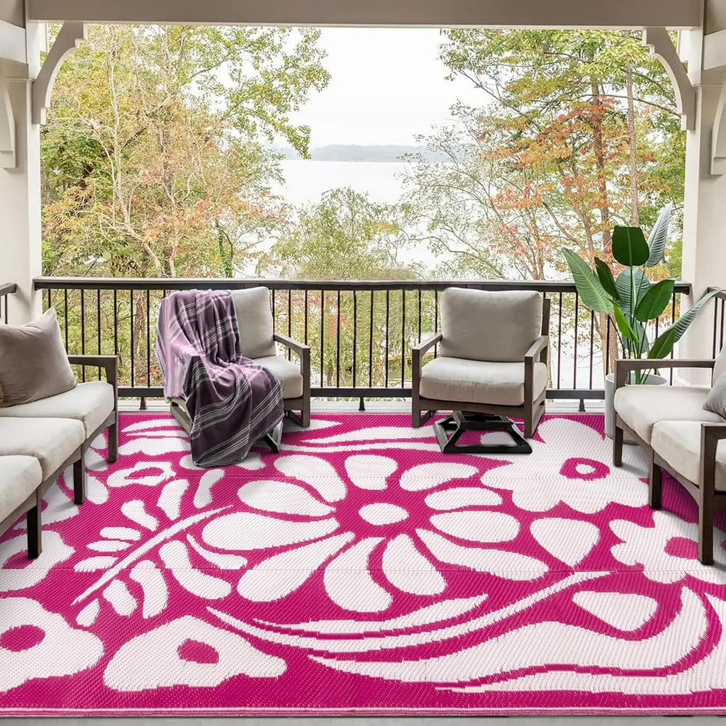 Outdoor Rugs 8x10,Plastic Outdoor Waterproof Patio Rugs Clearance,Reversible Large Outside RV Camping Mat,Portable Abstract Plant Lightweight Carpet for Backyard Deck Park (Pink, 8'x10')