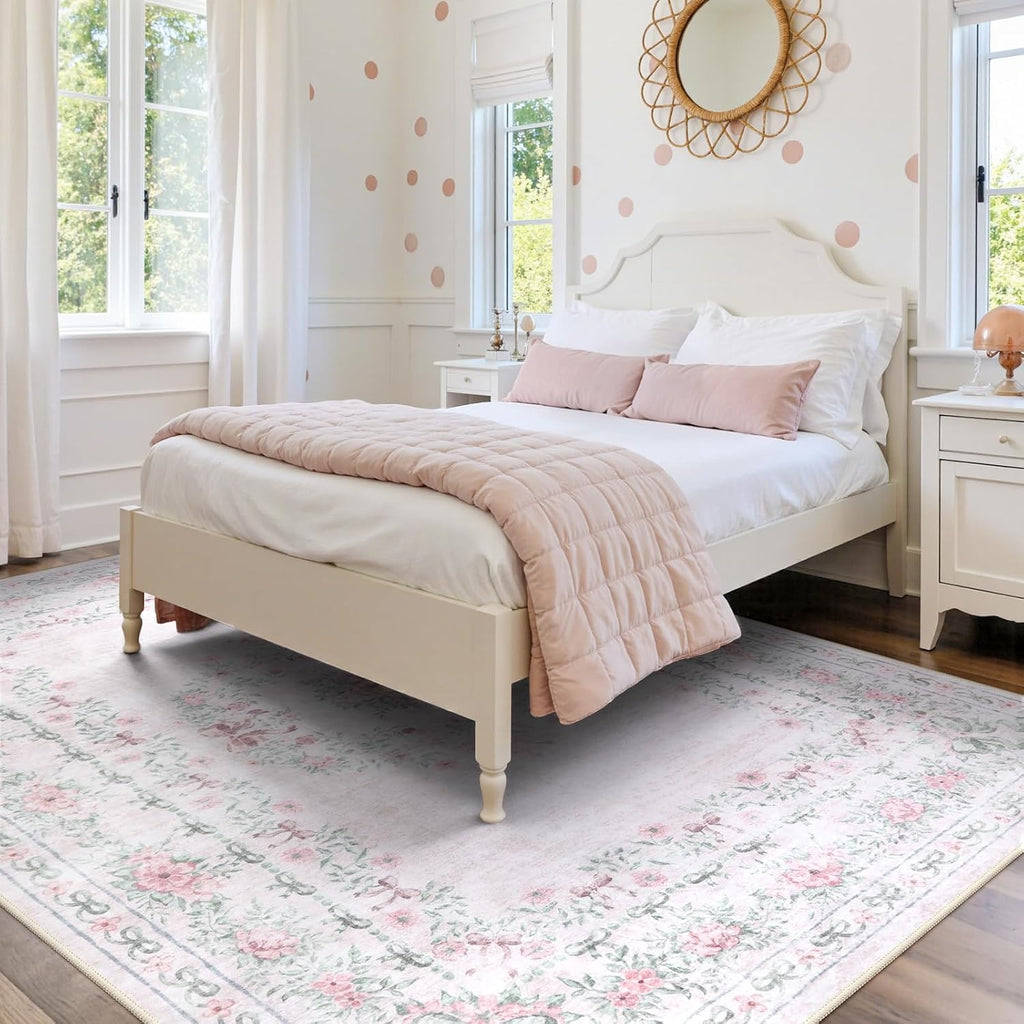 Floral Bow Pink Rug for Bedroom, Washable 5x7 Area Rug for Girls Nursery, Ultra-Thin Non Slip Soft Boho Carpet for Kids Room Dorm Living Room, Light Pink